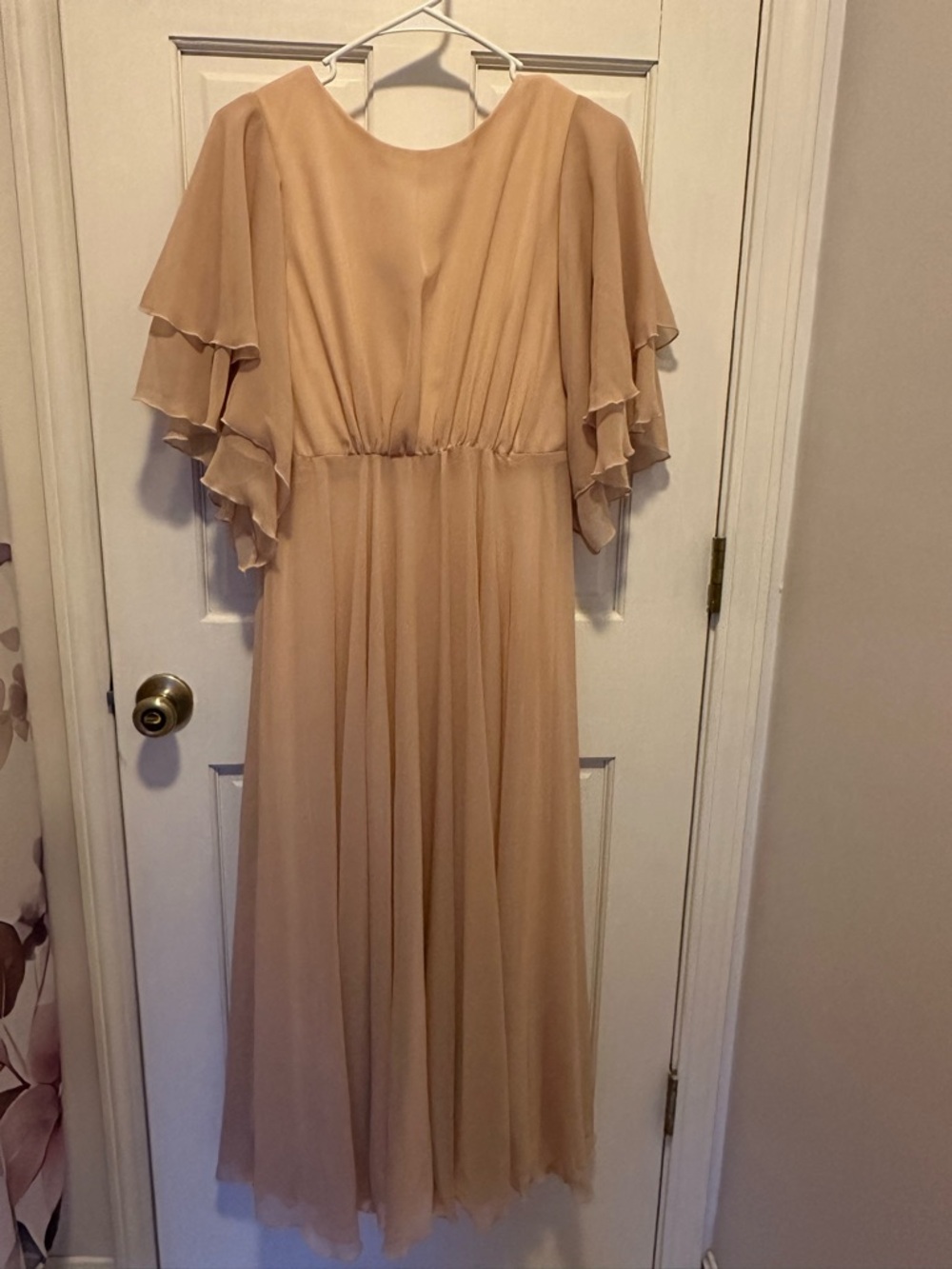 Chiffon Flutter-Sleeve Maxi Dress in champagne